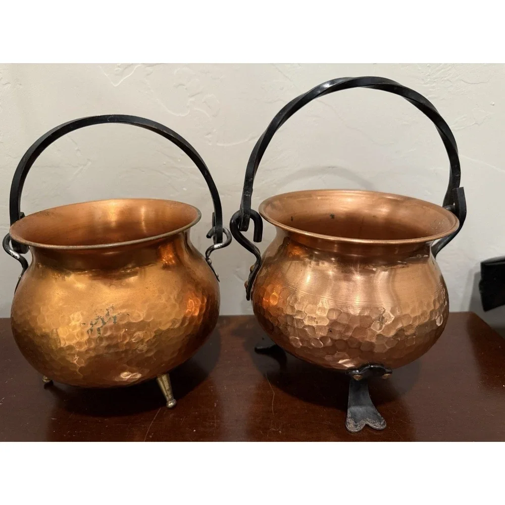 VTG Set Of 2 Hammered Copper Pot Cauldron Germany Bail Wrought Iron Handles Feet